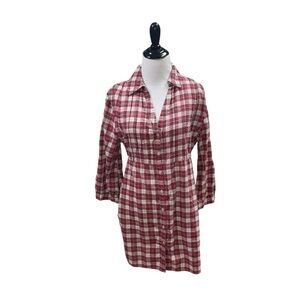 Massini Women's L Large Button Down Mini Dress Plaid V-Neck Pleated Chest